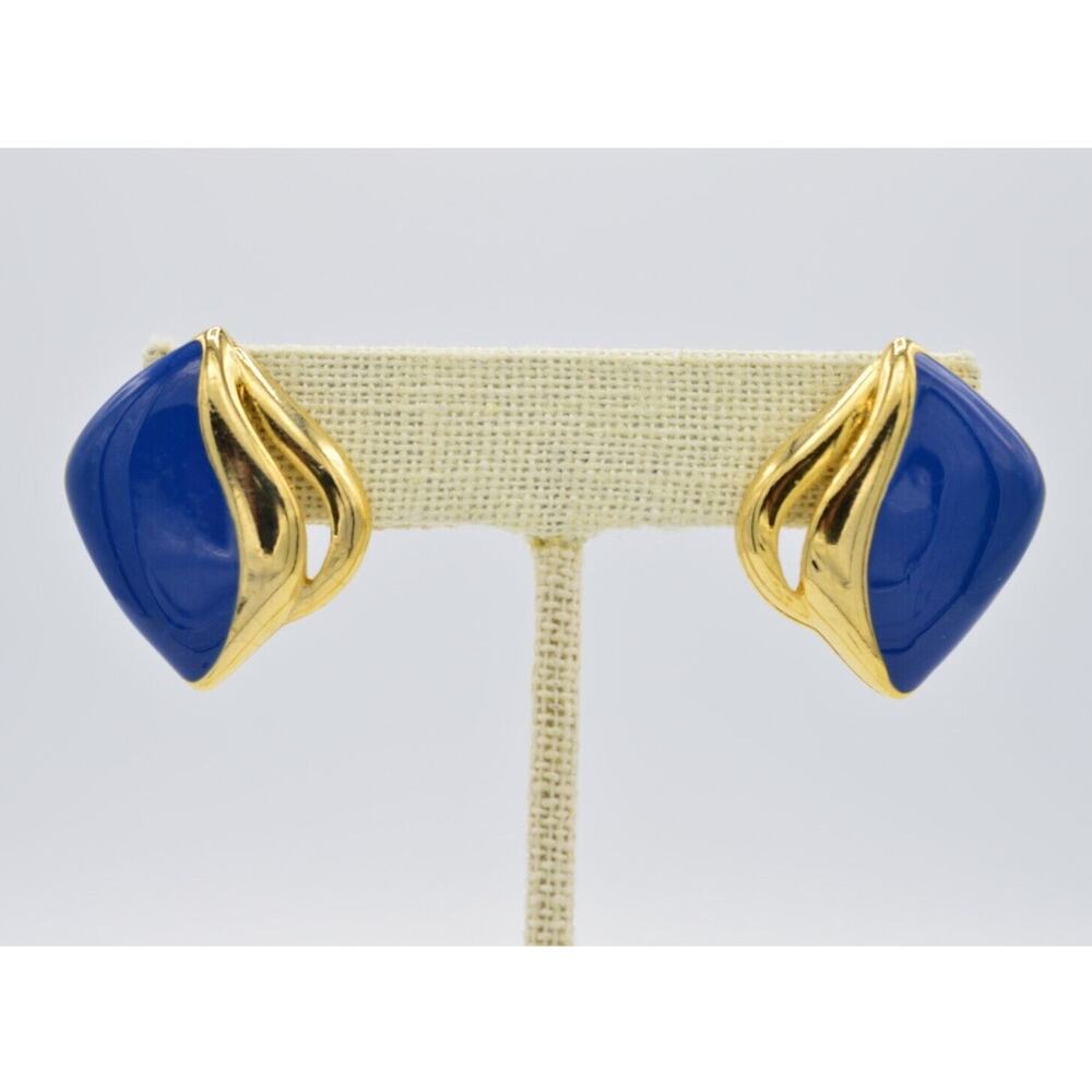 Vintage Pierced Post Earrings Gold True Blue Enamel Abstract NOS 1980s BinAA